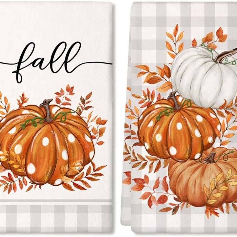 Fall Kitchen Towels Set of 2,Orange Pumpkin Grey Buffalo Check Autumn Dish Towel